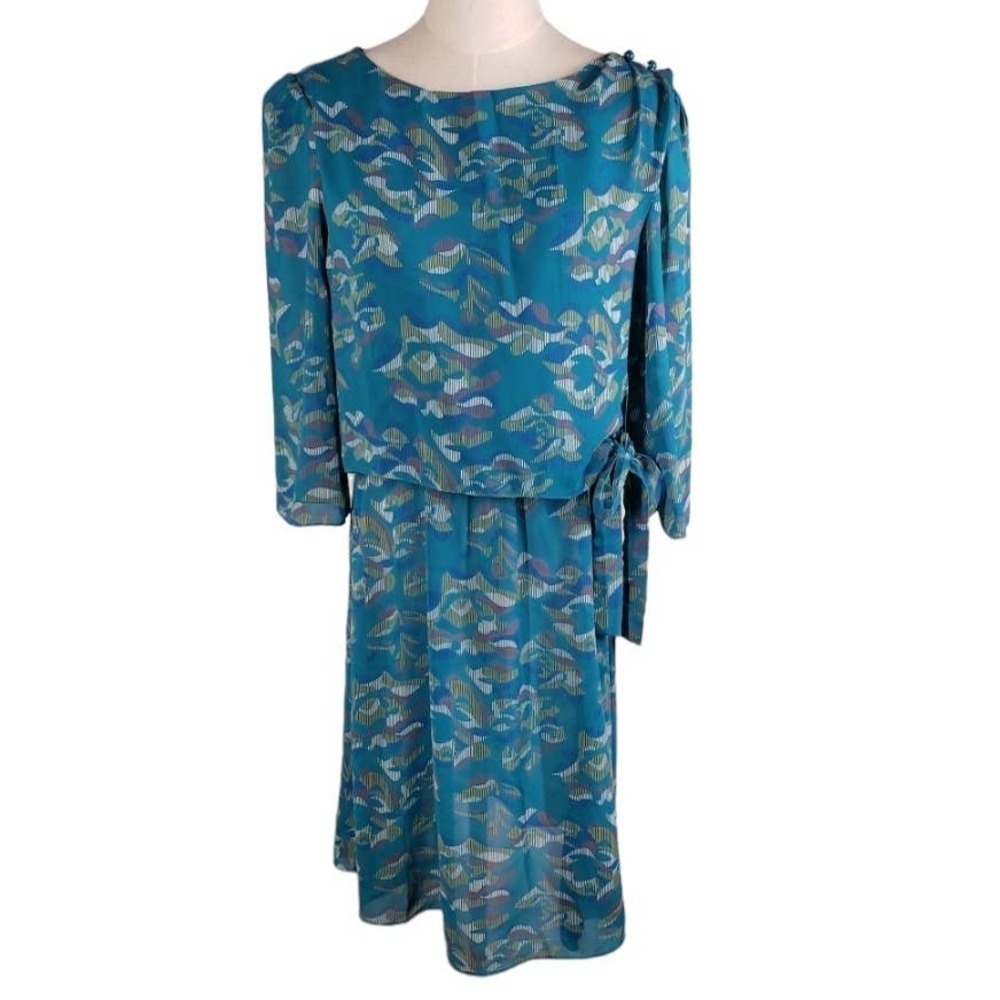 Vintage March I California Floral Midi Dress 12 6 Teal Drape Side Tie